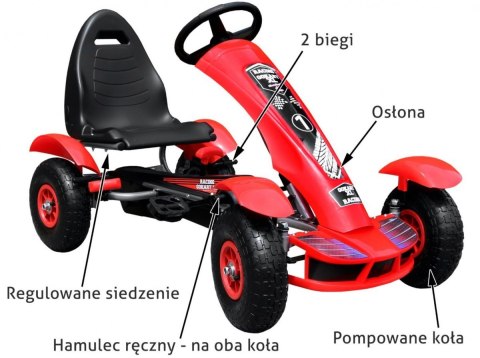Gokart na pedały Racing XL dla dzieci 3+ Czerwony + Pompowane koła + Regulacja fotela + Wolny bieg Gokart na pedały Racing XL dla dzieci 3+ Czerwony + Pompowane koła + Regulacja fotela + Wolny bieg