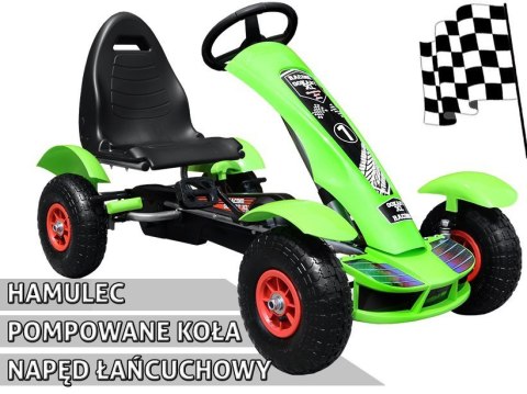 Gokart na pedały Racing XL dla dzieci 3+ Zielony + Pompowane koła + Regulacja fotela + Wolny bieg Gokart na pedały Racing XL dla dzieci 3+ Zielony + Pompowane koła + Regulacja fotela + Wolny bieg