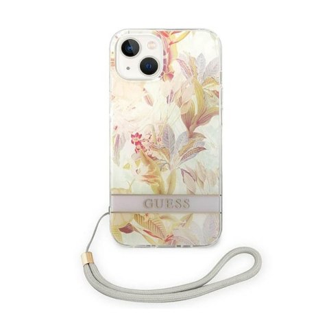 Guess Flower Cord - Etui ze smyczką iPhone 14 Plus (fioletowy) Guess Flower Cord - Etui ze smyczką iPhone 14 Plus (fioletowy)
