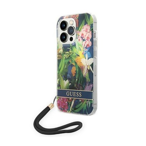 Guess Flower Cord - Etui ze smyczką iPhone 14 Pro (niebieski) Guess Flower Cord - Etui ze smyczką iPhone 14 Pro (niebieski)
