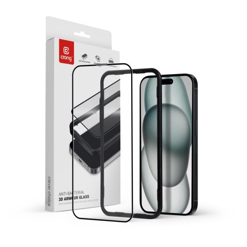 Crong Anti-Bacterial 3D Armour Glass - Szkło hartowane 9H na cały ekran iPhone 15 + ramka instalacyjna Crong Anti-Bacterial 3D Armour Glass - Szkło hartowane 9H na cały ekran iPhone 15 + ramka instalacyjna