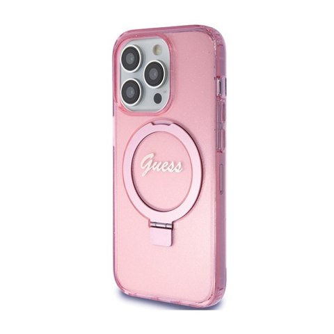 Guess Ring Stand Script Glitter MagSafe - Etui iPhone 15 Pro Max (różowy) Guess Ring Stand Script Glitter MagSafe - Etui iPhone 15 Pro Max (różowy)