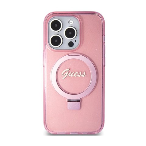 Guess Ring Stand Script Glitter MagSafe - Etui iPhone 15 Pro Max (różowy) Guess Ring Stand Script Glitter MagSafe - Etui iPhone 15 Pro Max (różowy)