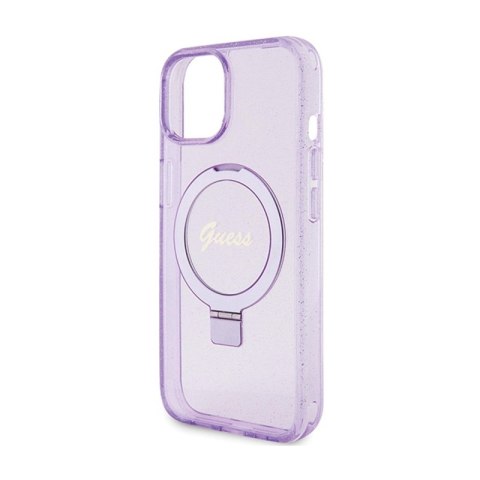 Guess Ring Stand Script Glitter MagSafe - Etui iPhone 15 (fioletowy) Guess Ring Stand Script Glitter MagSafe - Etui iPhone 15 (fioletowy)