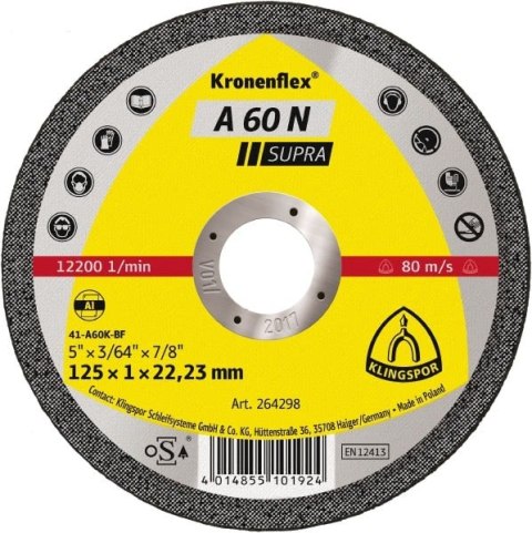 TARCZA FLEX 41 125x1,0x22,2 A 60 N SUPRA do aluminium KLINGSPOR /264298/ ( op. - 25 szt. ) TARCZA FLEX 41 125x1,0x22,2 A 60 N SUPRA do aluminium KLINGSPOR /264298/ ( op. - 25 szt. )