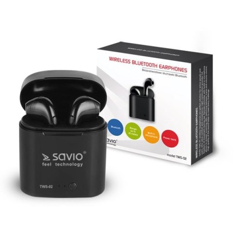 Słuchawki bezprzewodowe SAVIO TWS-02 (douszne; bezprzewodowe, Bluetooth; z wbudowanym mikrofonem; kolor czarny Słuchawki bezprzewodowe SAVIO TWS-02 (douszne; bezprzewodowe, Bluetooth; z wbudowanym mikrofonem; kolor czarny