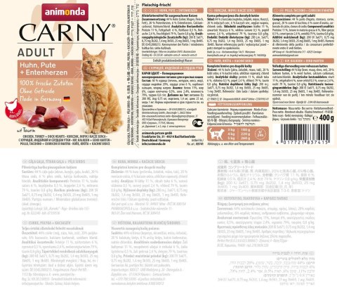 ANIMONDA Carny Adult kurczak, indyk, kacze serca - mokra karma dla kota - 400g ANIMONDA Carny Adult kurczak, indyk, kacze serca - mokra karma dla kota - 400g
