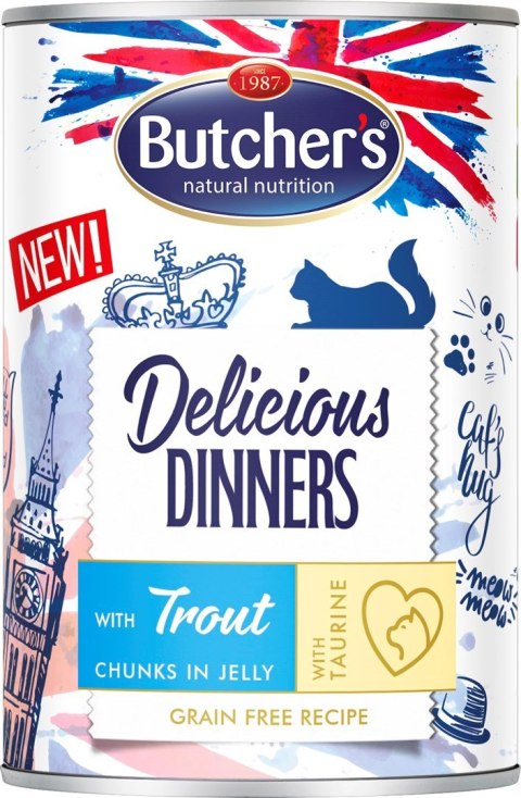 BUTCHER'S Delicious Dinners Kawałki z pstrągiem w galaretce - mokra karma dla kota - 400 g