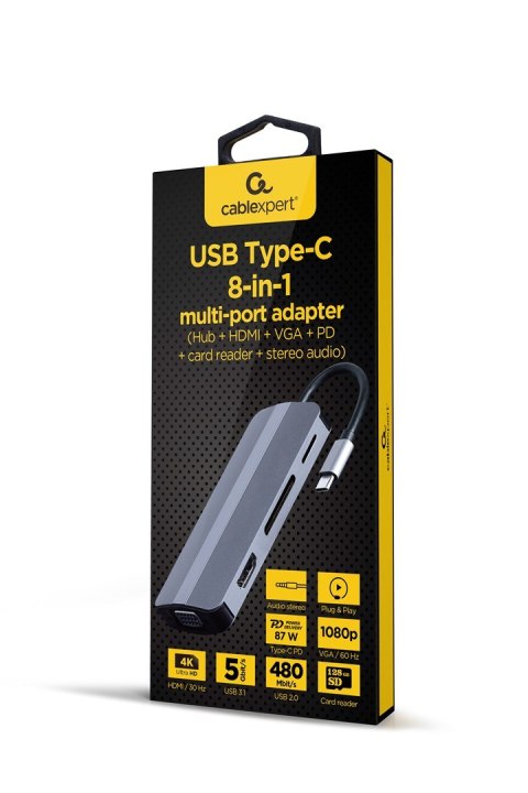 GEMBIRD MULTI ADAPTER USB TYP-C 8W1 (HUB3.1 + HDMI + VGA + PD + CZYTNIK KART + DŹWIĘK STEREO), SZARY GEMBIRD MULTI ADAPTER USB TYP-C 8W1 (HUB3.1 + HDMI + VGA + PD + CZYTNIK KART + DŹWIĘK STEREO), SZARY