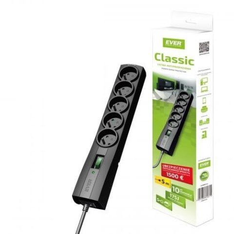Listwa antyprzepięciowa Ever Classic 3,0m (5 x UTE; 10 A; kolor czarny) (T/LZ09-CLA030/0000) Listwa antyprzepięciowa Ever Classic 3,0m (5 x UTE; 10 A; kolor czarny) (T/LZ09-CLA030/0000)