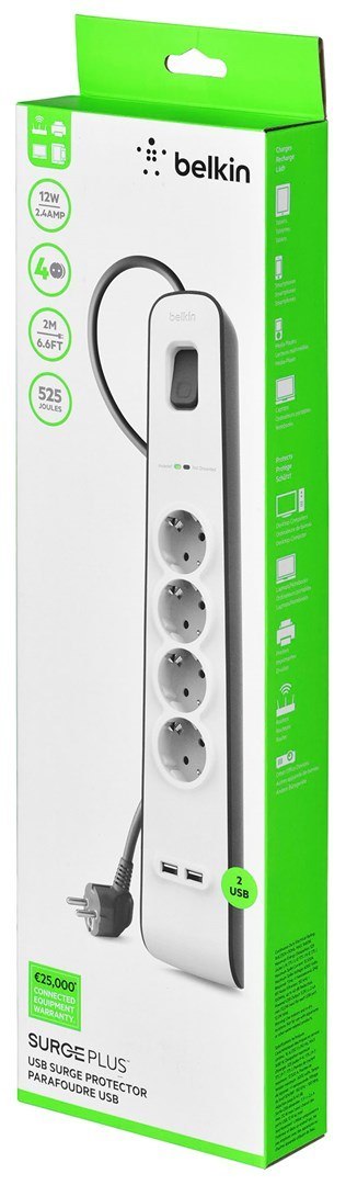 Listwa zasilająca Belkin Power Surge 4-PORT + 2xUSB-A 2m Grey/White Schuko Listwa zasilająca Belkin Power Surge 4-PORT + 2xUSB-A 2m Grey/White Schuko