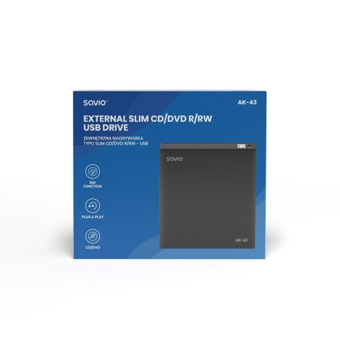 SAVIO NAGRYWARKA ZEWNĘTRZNA TYPU SLIM CD/DVD R/RW - USB 2.0 AK-43 SAVIO NAGRYWARKA ZEWNĘTRZNA TYPU SLIM CD/DVD R/RW - USB 2.0 AK-43