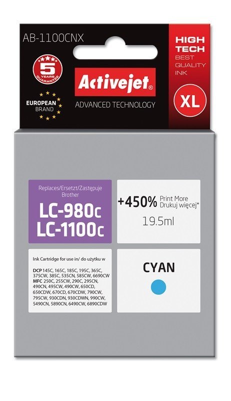 Activejet AB-1100CNX Tusz (zamiennik Brother LC1100C/980C; Supreme; 19,5 ml; niebieski). Drukuje więcej o 450%. Activejet AB-1100CNX Tusz (zamiennik Brother LC1100C/980C; Supreme; 19,5 ml; niebieski). Drukuje więcej o 450%.