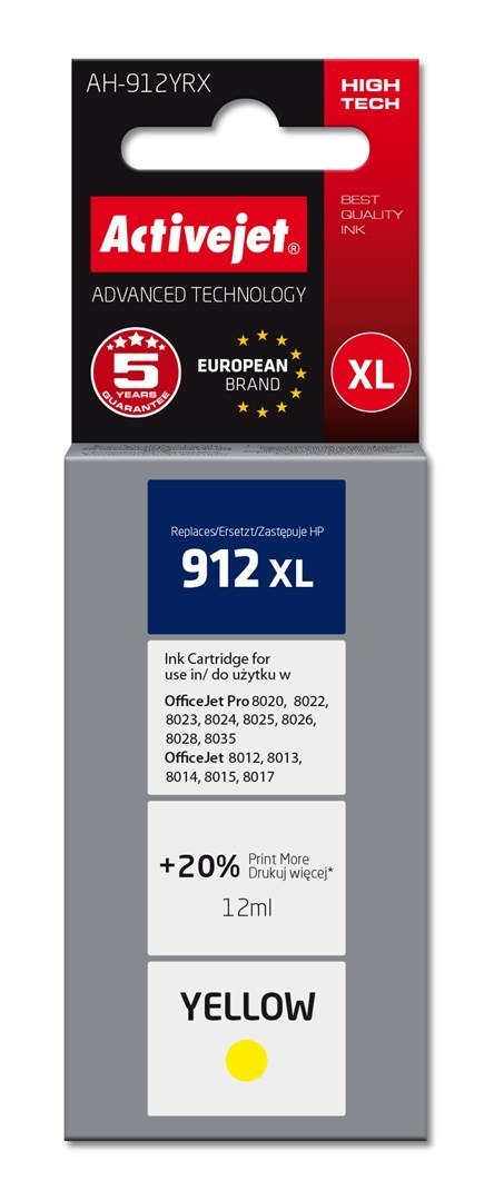Activejet AH-912YRX Tusz (zamiennik HP 912XL 3YL83AE; Premium; 990 stron; 12 ml, żółty) Activejet AH-912YRX Tusz (zamiennik HP 912XL 3YL83AE; Premium; 990 stron; 12 ml, żółty)