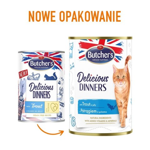 BUTCHER'S Delicious Dinners Kawałki z pstrągiem w galaretce - mokra karma dla kota - 400 g BUTCHER'S Delicious Dinners Kawałki z pstrągiem w galaretce - mokra karma dla kota - 400 g