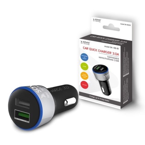 Ładowarka samochodowa do smartfona SAVIO Quick Charge 3.0 SA-06/B (2400 mA, 3000 mA; USB) Ładowarka samochodowa do smartfona SAVIO Quick Charge 3.0 SA-06/B (2400 mA, 3000 mA; USB)