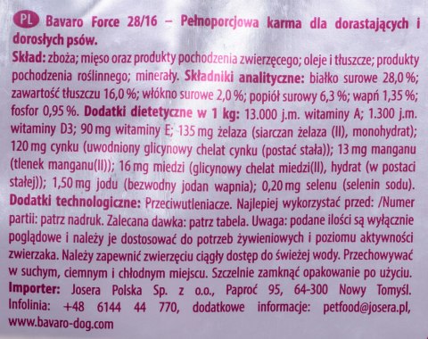 Josera Bavaro Force 28/16 - karma dla psów i szczeniąt aktywnych - 18 kg Josera Bavaro Force 28/16 - karma dla psów i szczeniąt aktywnych - 18 kg