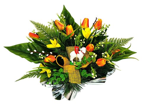 WIELKANOCNY STROIK NA POMNIK WIĄZANKA KWIATY TULIPANY BARANEK NA CMENTARZ WIELKANOCNY STROIK NA POMNIK WIĄZANKA KWIATY TULIPANY BARANEK NA CMENTARZ