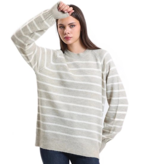 Ciepły damski sweter modny w paski ANNA (Ecru) Ciepły damski sweter modny w paski ANNA (Ecru)
