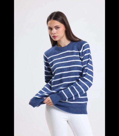 Ciepły damski sweter modny w paski ANNA (Granatowy) Ciepły damski sweter modny w paski ANNA (Granatowy)