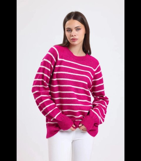 Ciepły damski sweter modny w paski ANNA (Różowy) Ciepły damski sweter modny w paski ANNA (Różowy)