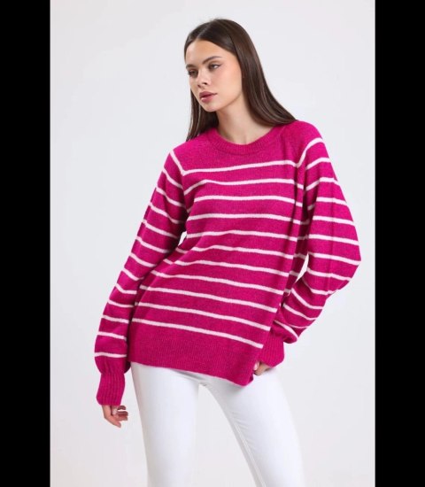 Ciepły damski sweter modny w paski ANNA (Różowy) Ciepły damski sweter modny w paski ANNA (Różowy)