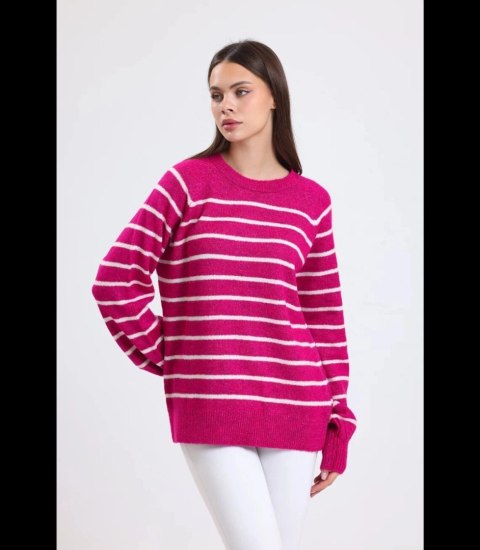 Ciepły damski sweter modny w paski ANNA (Różowy) Ciepły damski sweter modny w paski ANNA (Różowy)
