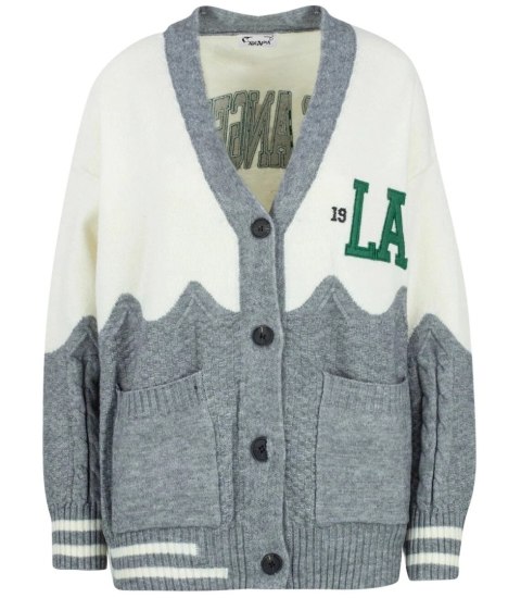 Sweter kardigan z naszywkami Los Angeles (Szary || Wielokolorowy) Sweter kardigan z naszywkami Los Angeles (Szary || Wielokolorowy)