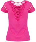 Bluzka koszulka krótki rękaw ozdobiona koronką Elegancka LUIZA (Różowy)