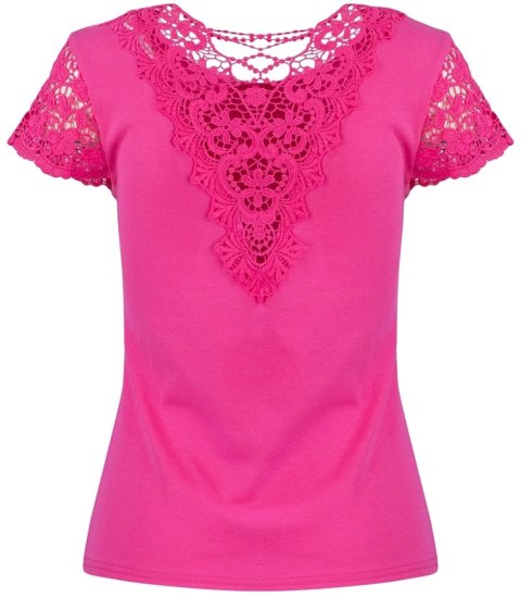 Bluzka koszulka krótki rękaw ozdobiona koronką Elegancka LUIZA (Różowy) Bluzka koszulka krótki rękaw ozdobiona koronką Elegancka LUIZA (Różowy)