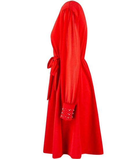 Elegancka sukienka Adele rozkloszowany dół ozdobiona perłami (Czerwony) Elegancka sukienka Adele rozkloszowany dół ozdobiona perłami (Czerwony)
