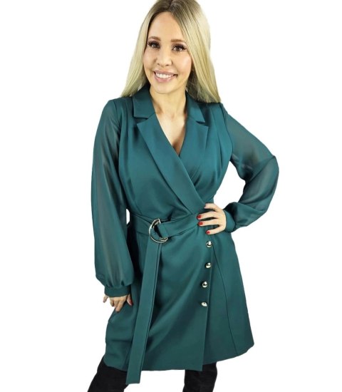 Elegancka sukienka o kroju marynarki Pasek w talii Złote guziki ARIEL (Zielony) Elegancka sukienka o kroju marynarki Pasek w talii Złote guziki ARIEL (Zielony)