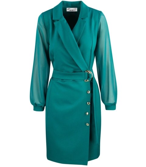 Elegancka sukienka o kroju marynarki Pasek w talii Złote guziki ARIEL (Zielony) Elegancka sukienka o kroju marynarki Pasek w talii Złote guziki ARIEL (Zielony)