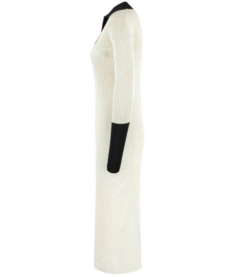 Elegancka sukienka prążkowana z kołnierzykiem LILA (Beżowy) Elegancka sukienka prążkowana z kołnierzykiem LILA (Beżowy)