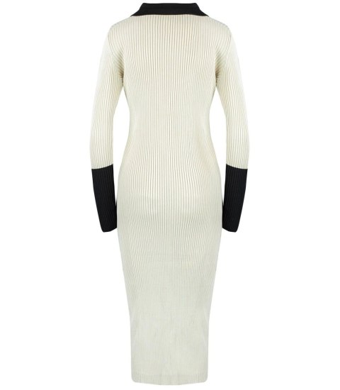 Elegancka sukienka prążkowana z kołnierzykiem LILA (Beżowy) Elegancka sukienka prążkowana z kołnierzykiem LILA (Beżowy)