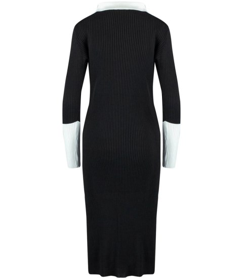 Elegancka sukienka prążkowana z kołnierzykiem LILA (Czarny) Elegancka sukienka prążkowana z kołnierzykiem LILA (Czarny)