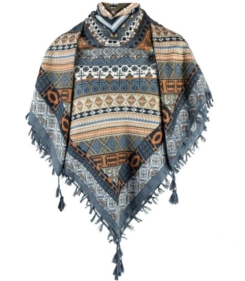 Piękna chusta szalik z frędzlami orientalny print (Szary || Wielokolorowy)