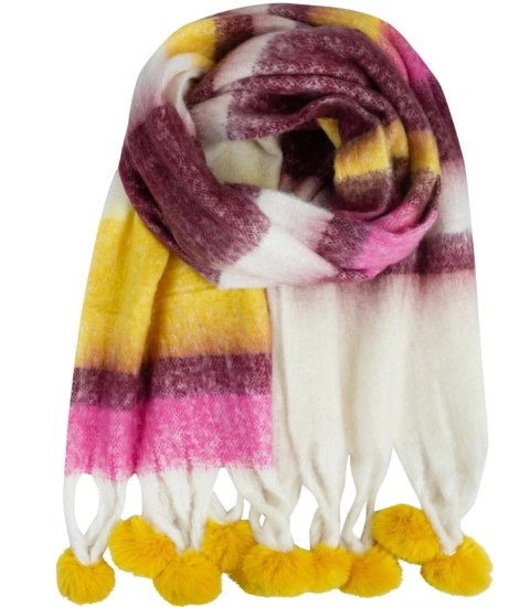 Puchaty szal szalik pasy paski dzianina pompony (Wielokolorowy)