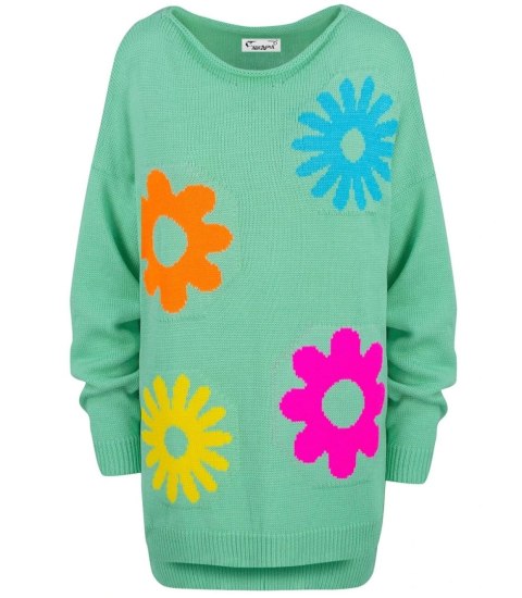 Sweter damski w kolorowe kwiaty z dlłuższym tyłem LILANA (Zielony || Wielokolorowy) Sweter damski w kolorowe kwiaty z dlłuższym tyłem LILANA (Zielony || Wielokolorowy)