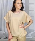 Elegancka bluzka z okrągłym dekoltem i gumką w pasie INGA (Beżowy)