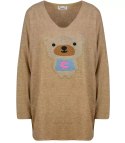 Cienki sweter oversize serek z misiem (Beżowy)