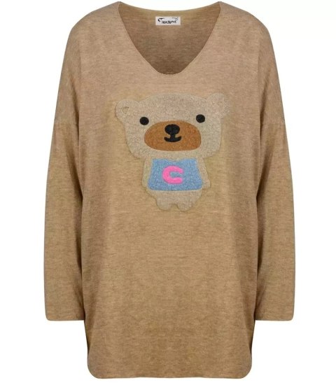 Cienki sweter oversize serek z misiem (Beżowy) Cienki sweter oversize serek z misiem (Beżowy)
