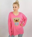 Cienki sweter oversize serek z misiem (Różowy)
