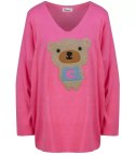 Cienki sweter oversize serek z misiem (Różowy)