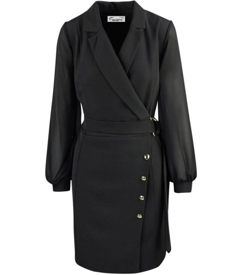 Elegancka sukienka o kroju marynarki Pasek w talii Złote guziki ARIEL (Czarny) 38 Elegancka sukienka o kroju marynarki Pasek w talii Złote guziki ARIEL (Czarny) 38