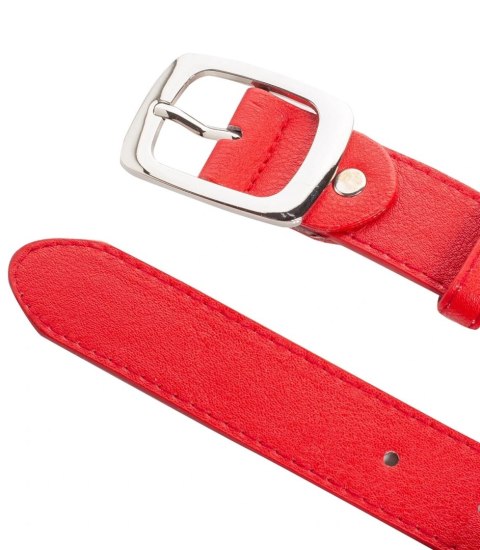 Gładki damski pasek z eko skóry ze srebrną sprzączką Elegancki 115x3 cm (Czerwony) Gładki damski pasek z eko skóry ze srebrną sprzączką Elegancki 115x3 cm (Czerwony)
