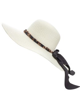 Modny duży pleciony kapelusz z kokardą i wstążką w panterkę (Ecru)