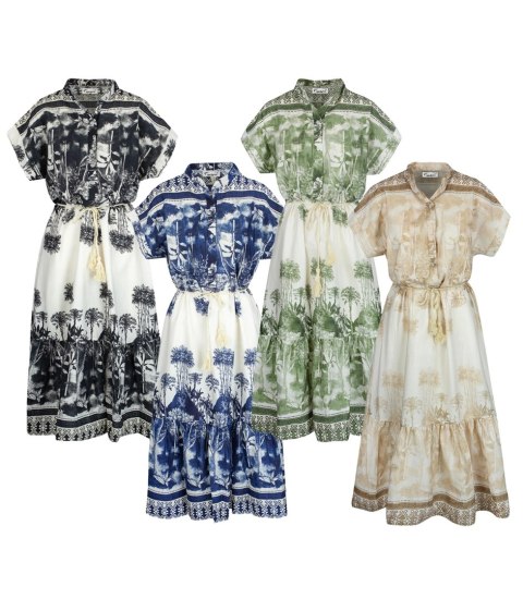 Letnia sukienka MIDI safari print ze stójką i paskiem NEL (Beżowy) Letnia sukienka MIDI safari print ze stójką i paskiem NEL (Beżowy)