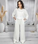 Szerokie spodnie z lnu kuloty z szeroka nogawką Eleganckie LAILA (Biały) L (40)