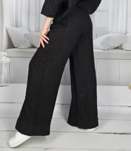 Szerokie spodnie z lnu kuloty z szeroka nogawką Eleganckie LAILA (Czarny) L (40)